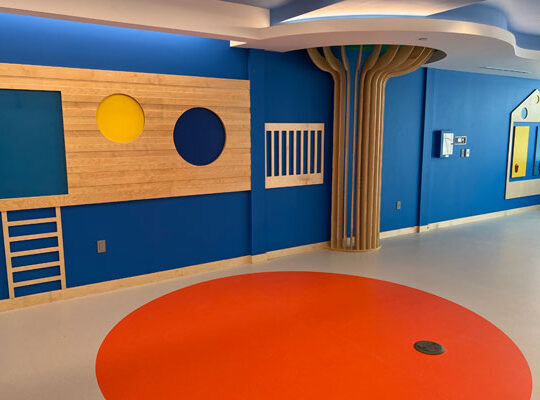 Colorful architectural interior featuring blue walls with playful wooden cutouts, circular shapes, and a vibrant orange circular floor, designed for educational environments.