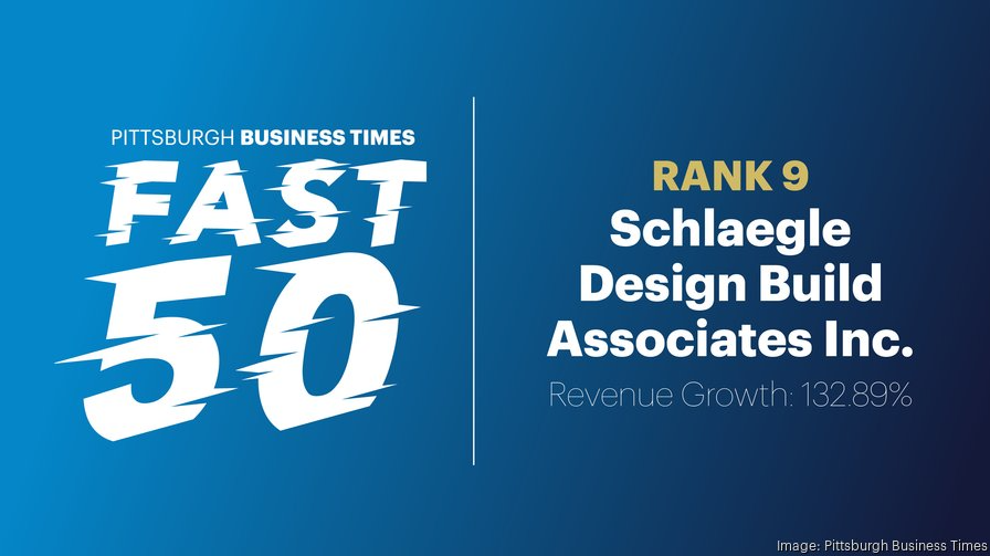 Pittsburgh Business Times Fast 50 graphic featuring Schlaegle Design Build Associates Inc., ranked 9th with 132.89% revenue growth.